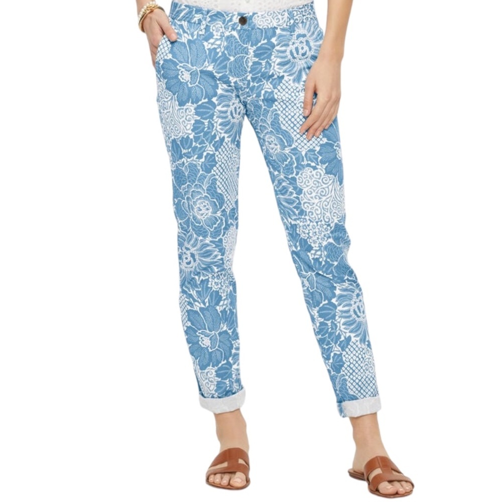 Talbots Relaxed Chinos Specked‎ Floral Pants Size 8 Blue & White Stretch